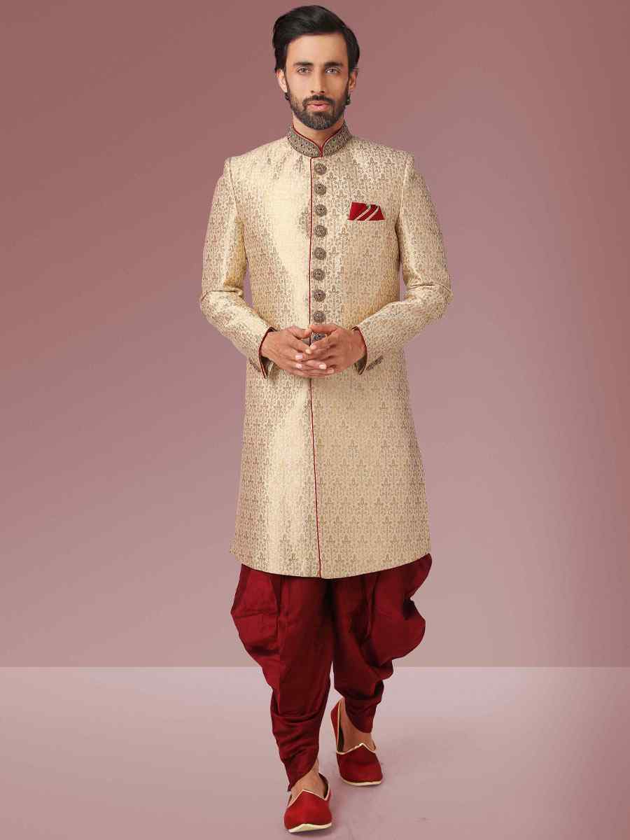 Gold Jacquard Silk Brocade Embroidered Party Peshwari Kurta