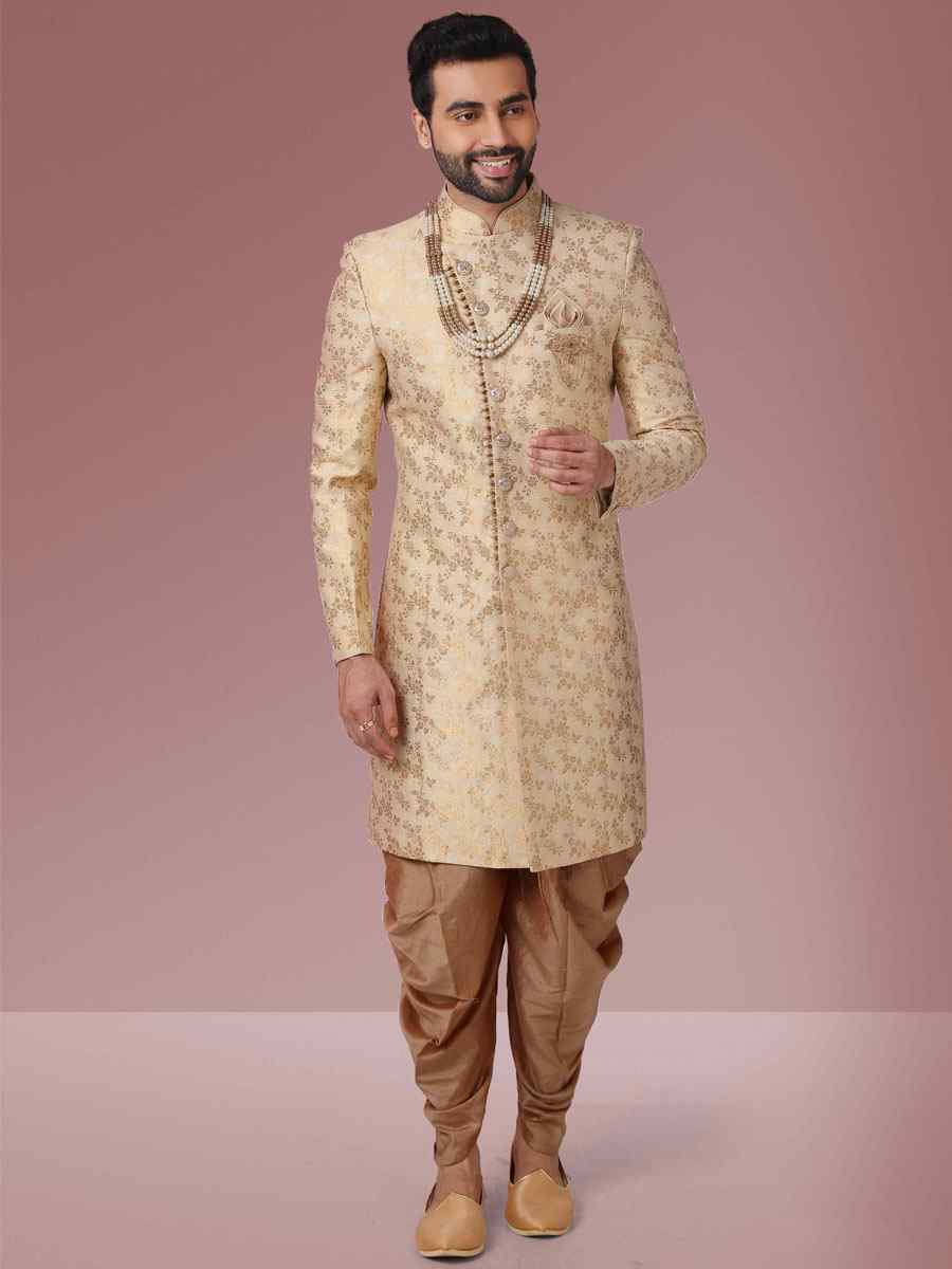 Gold Jacquard Silk Brocade Embroidered Party Peshwari Kurta