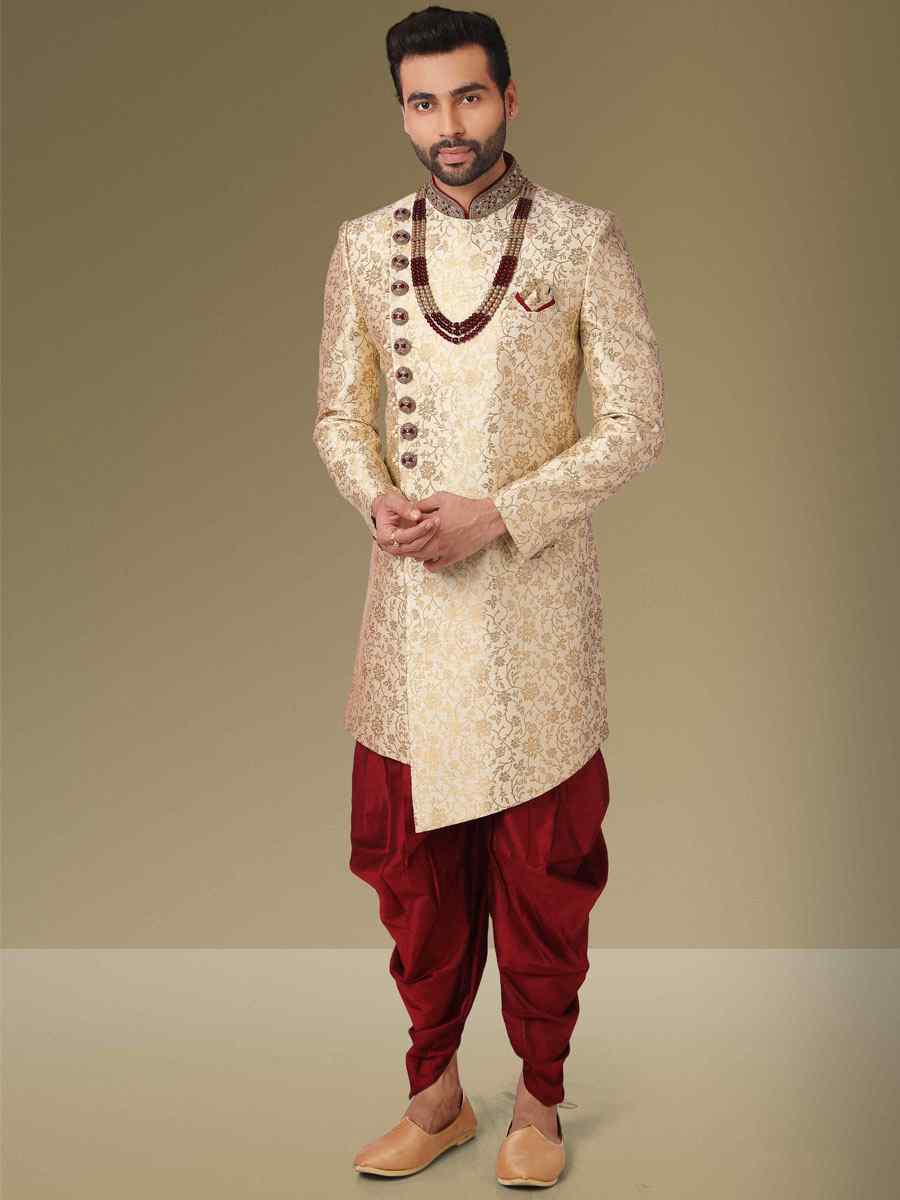 Gold Jacquard Silk Brocade Embroidered Party Peshwari Kurta