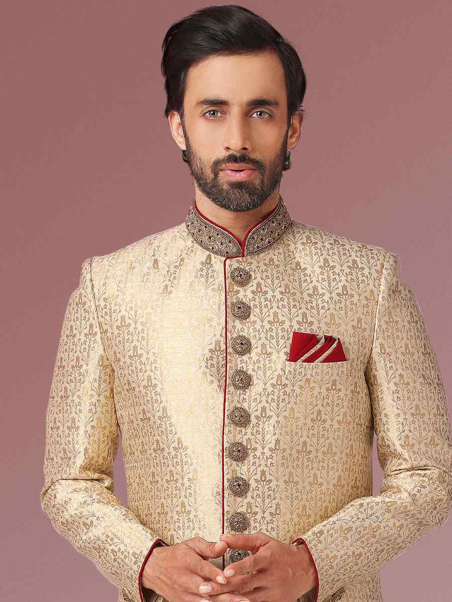 Gold Jacquard Silk Brocade Embroidered Party Peshwari Kurta