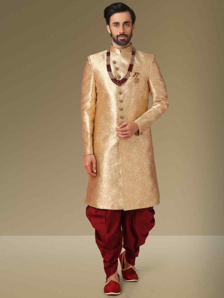 Gold Jacquard Silk Brocade Embroidered Party Peshwari Kurta