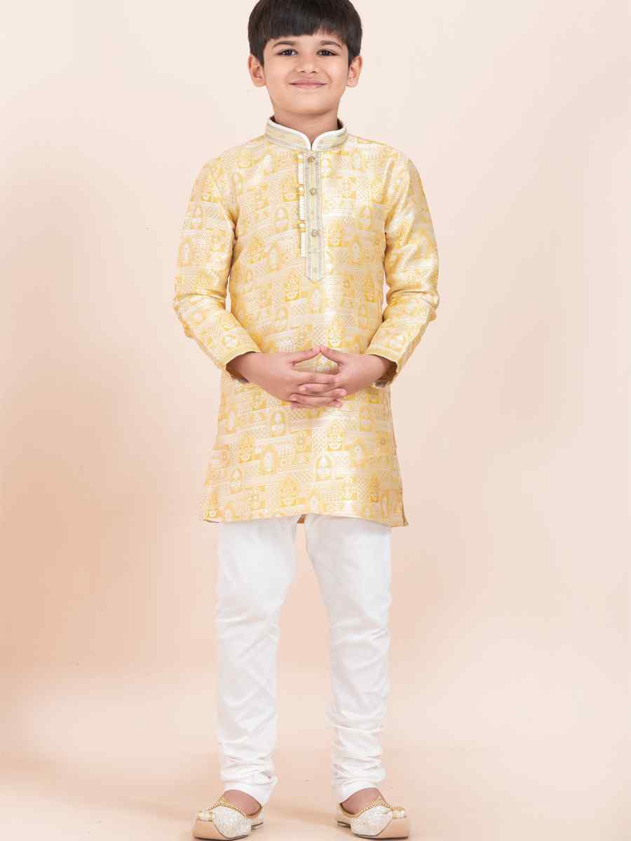 Gold Jacquard Silk Embroidered Festival Traditional Kurta Pyjama Boys Wear
