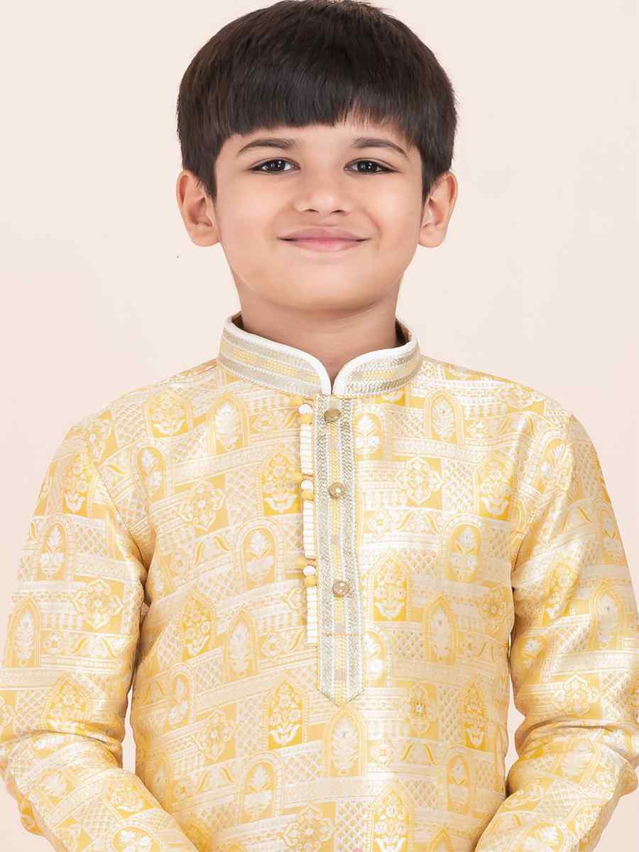 Gold Jacquard Silk Embroidered Festival Traditional Kurta Pyjama Boys Wear