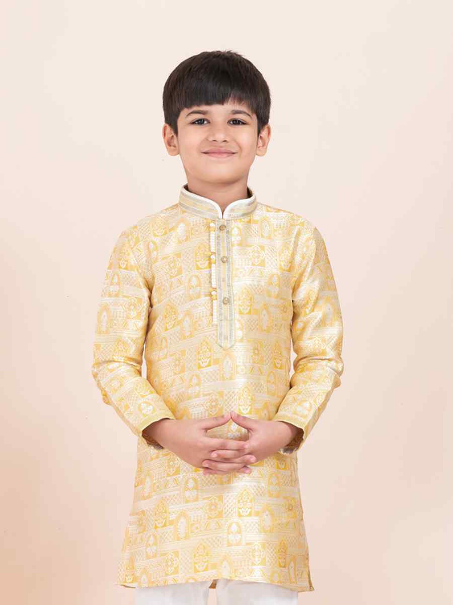 Gold Jacquard Silk Embroidered Festival Traditional Kurta Pyjama Boys Wear