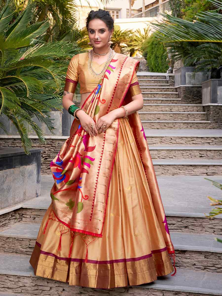 Gold Jacquard Silk Handwoven Bridesmaid Wedding Heavy Border Lehenga Choli