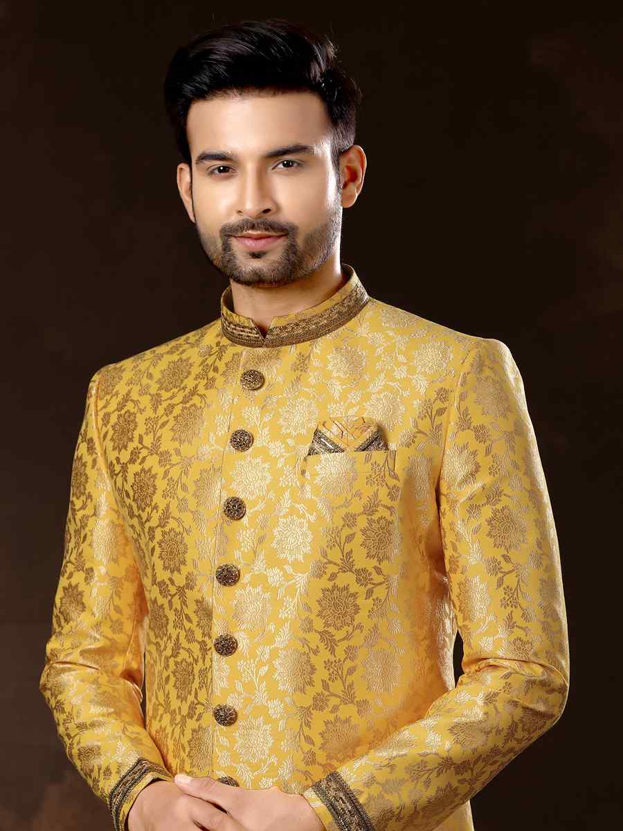 Gold Jacquard Woven Wedding Party Sherwani