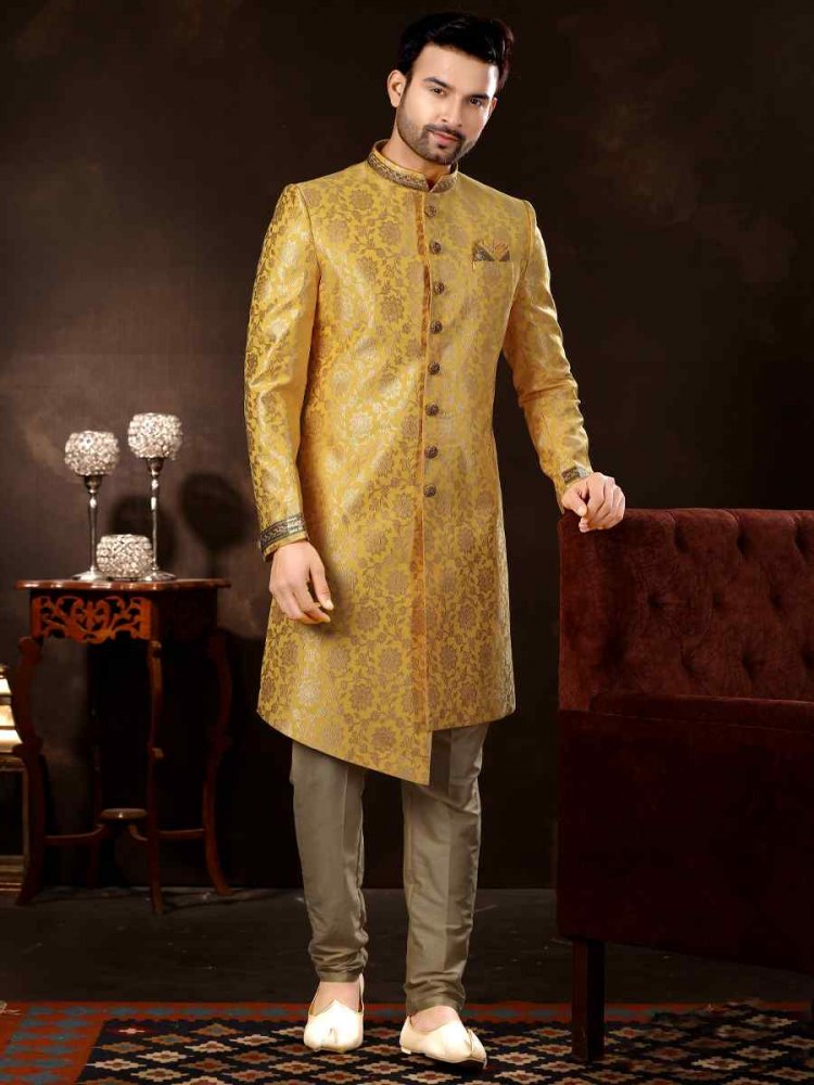 Gold Jacquard Woven Wedding Party Sherwani