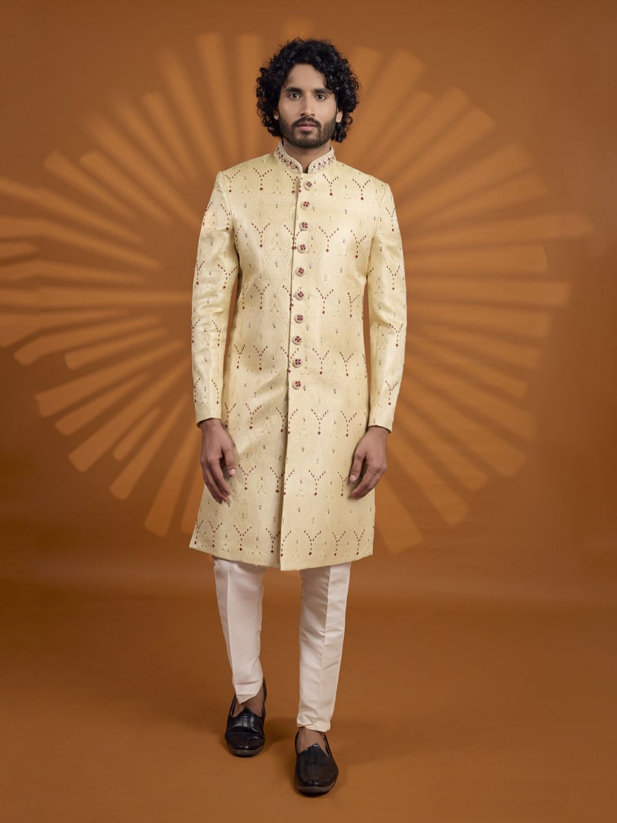 Gold Jacqurd Embroidered Computer Thread work Wedding Party Festival Groom Sherwani