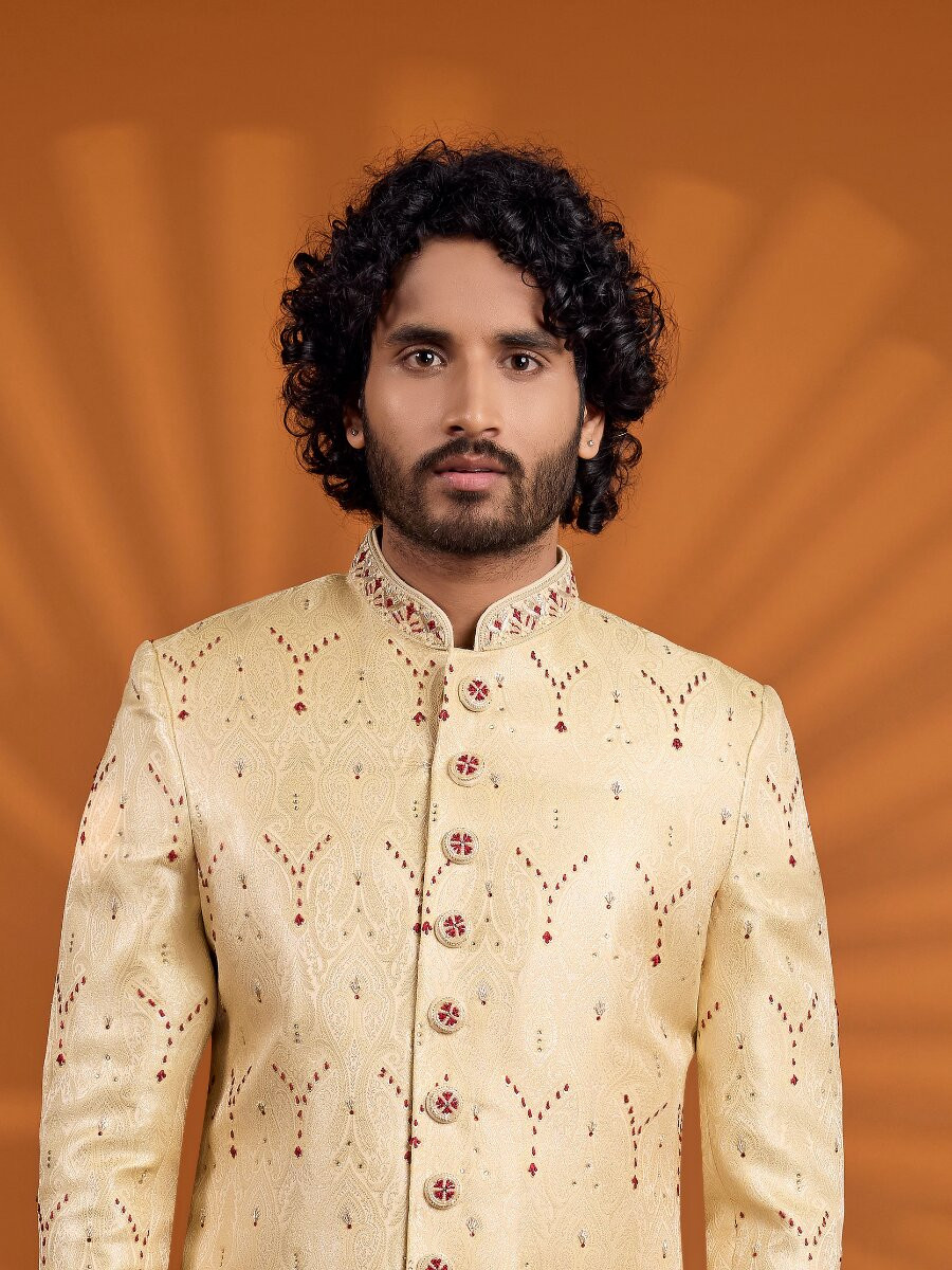 Gold Jacqurd Embroidered Computer Thread work Wedding Party Festival Groom Sherwani
