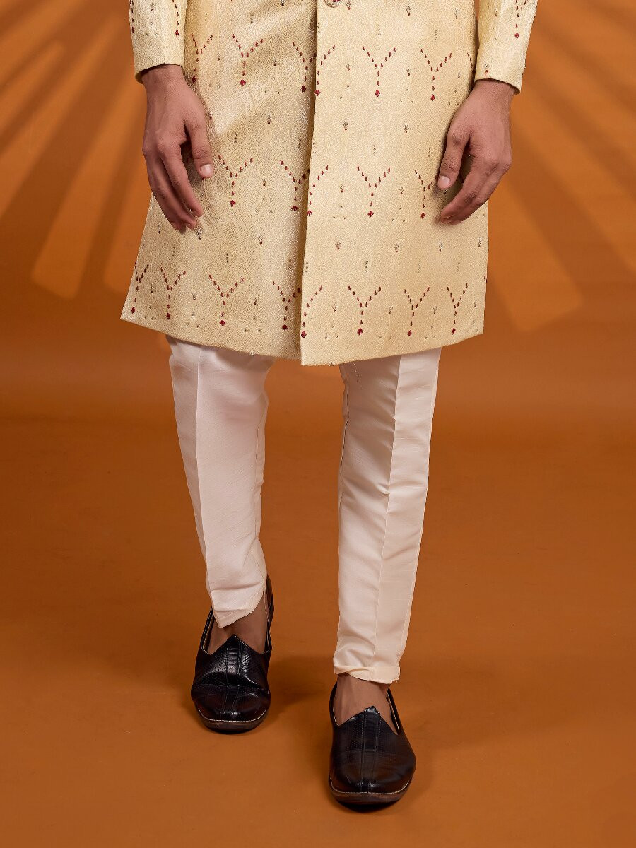 Gold Jacqurd Embroidered Computer Thread work Wedding Party Festival Groom Sherwani