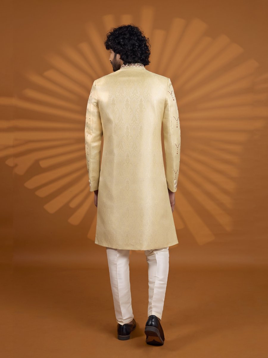Gold Jacqurd Embroidered Computer Thread work Wedding Party Festival Groom Sherwani