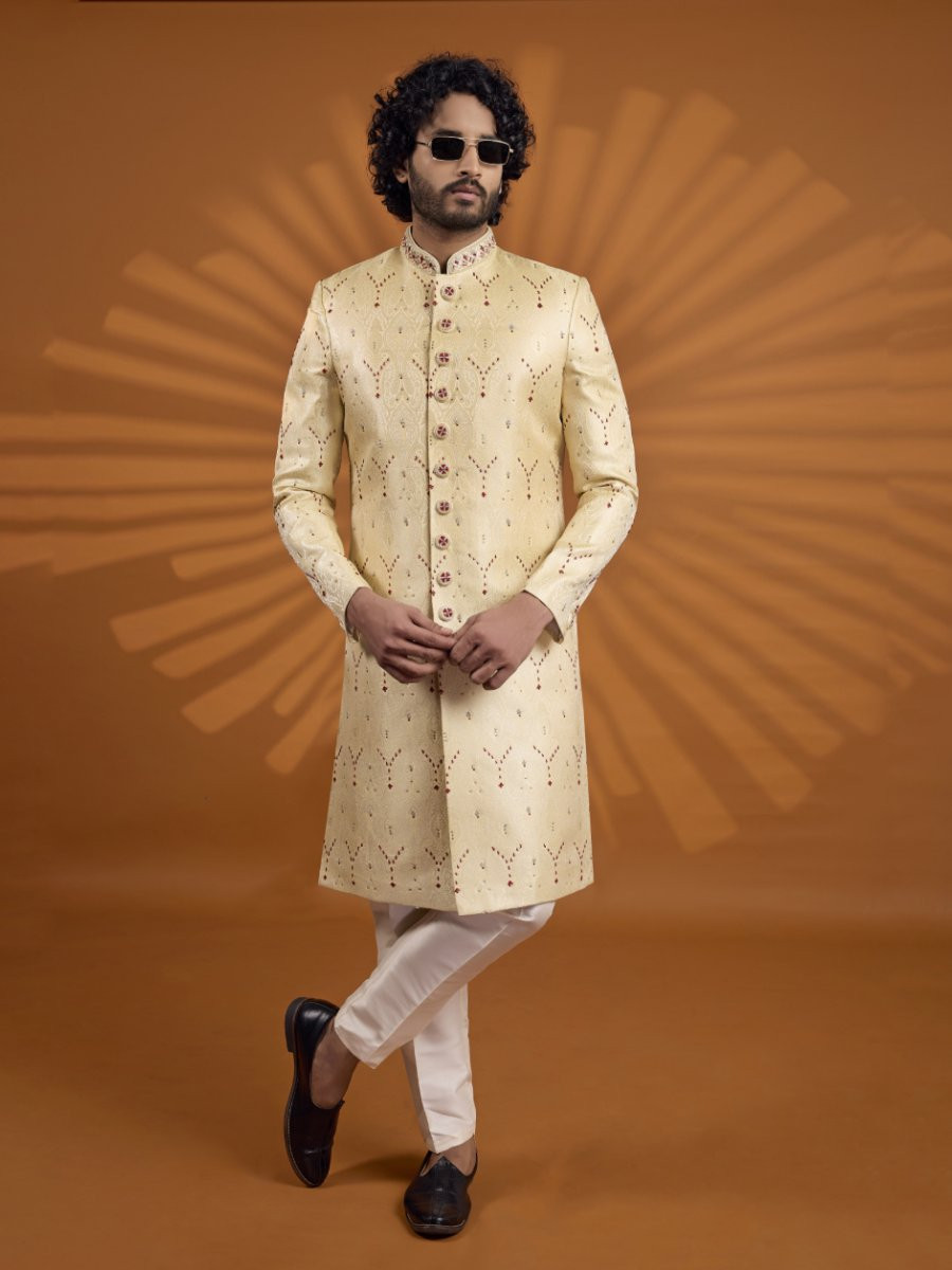 Gold Jacqurd Embroidered Computer Thread work Wedding Party Festival Groom Sherwani