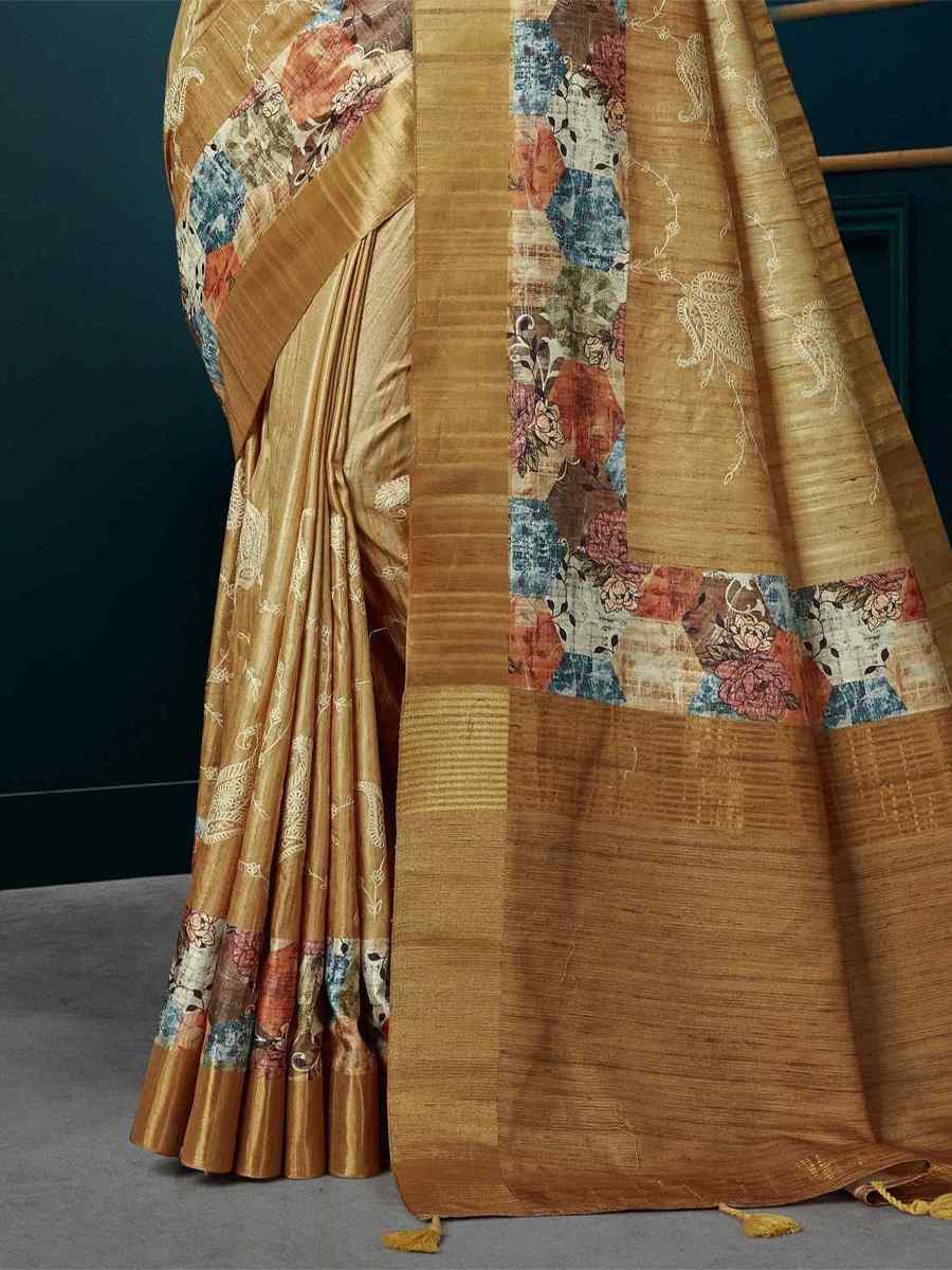 Gold Kotha Silk Embroidered Mehendi Festival Heavy Border Saree