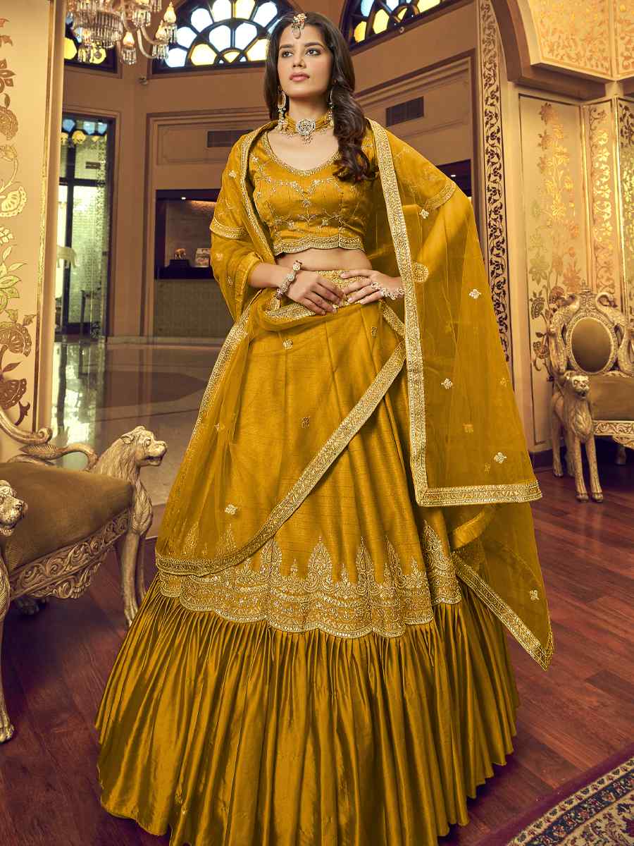 Gold Lino Silk Nylon Satin Embroidered Festival Party Wear Heavy Border Lehenga Choli