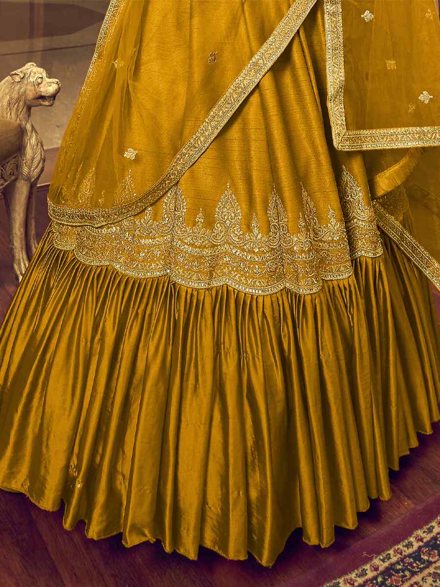 Gold Lino Silk Nylon Satin Embroidered Festival Party Wear Heavy Border Lehenga Choli