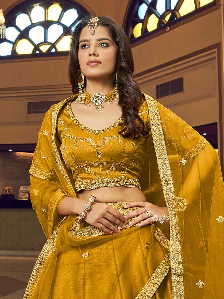 Gold Lino Silk Nylon Satin Embroidered Festival Party Wear Heavy Border Lehenga Choli