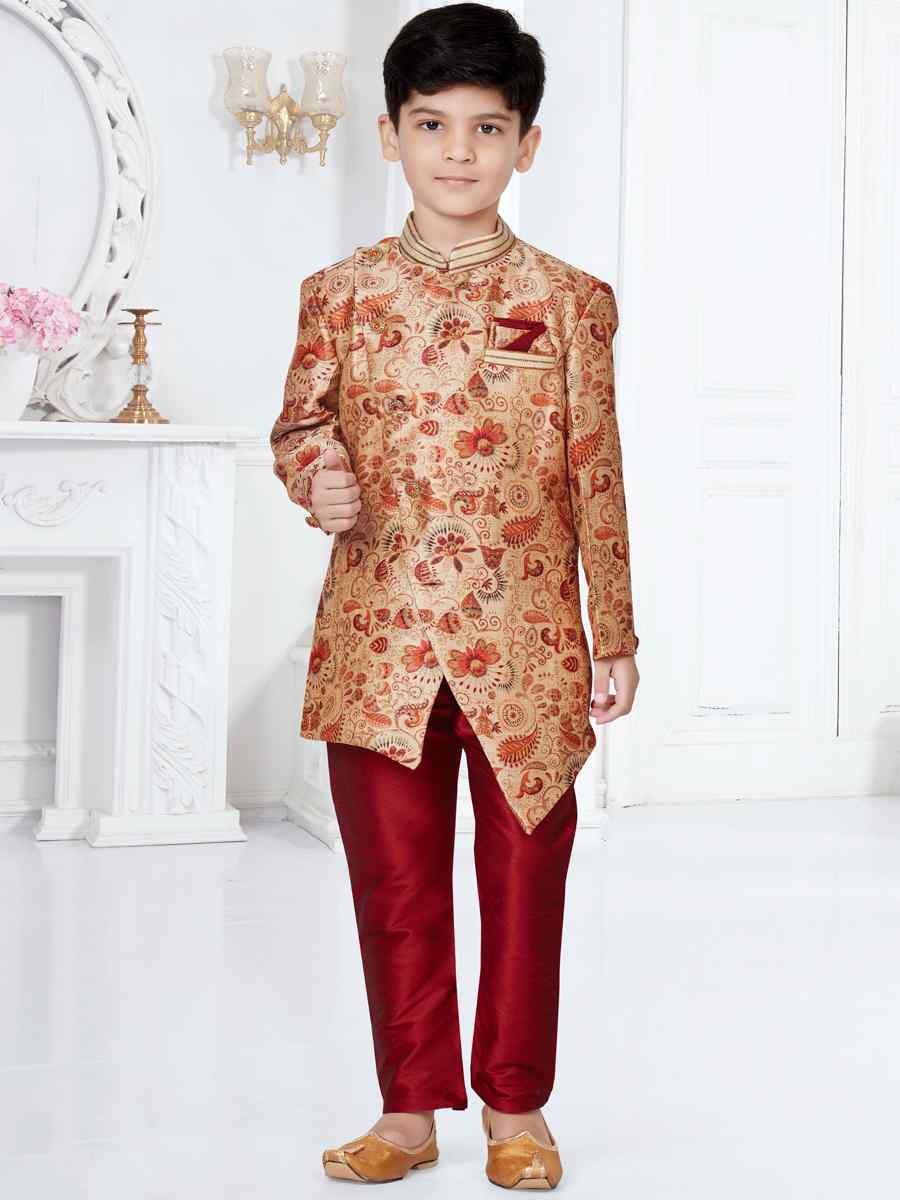 Gold Maroon Jacquard Floral Party Festival Kurta Pyjama Boys Wear