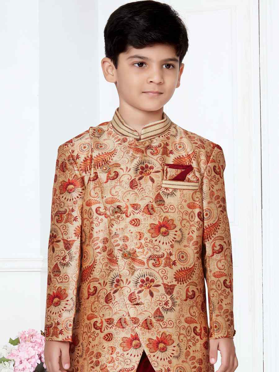 Gold Maroon Jacquard Floral Party Festival Kurta Pyjama Boys Wear