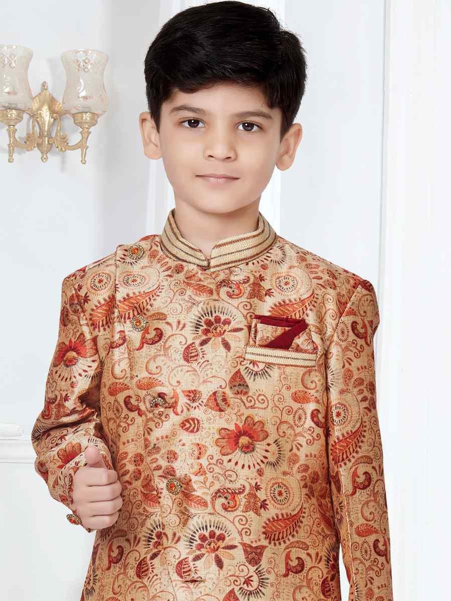 Gold Maroon Jacquard Floral Party Festival Kurta Pyjama Boys Wear