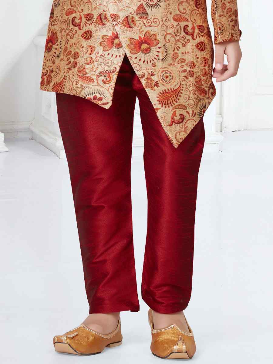 Gold Maroon Jacquard Floral Party Festival Kurta Pyjama Boys Wear