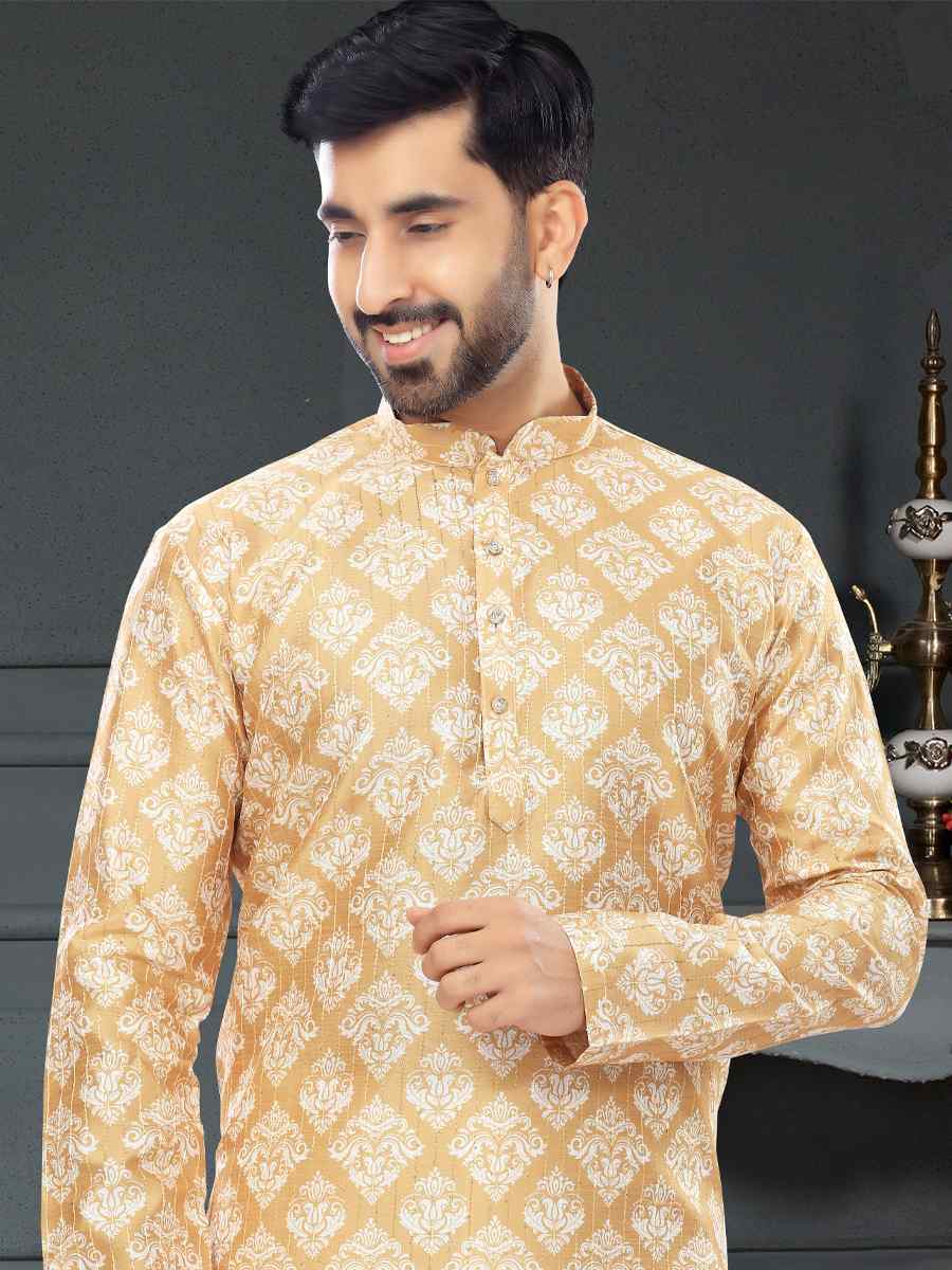 Gold Orange Silk Printed Festival Party Kurta