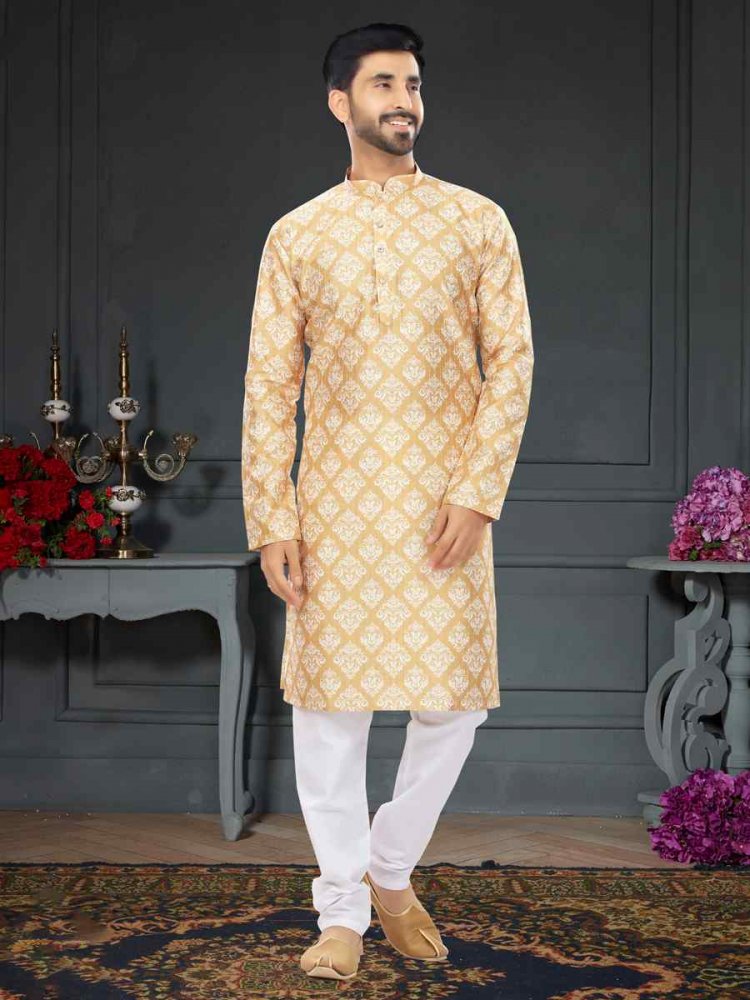 Gold Orange Silk Printed Festival Party Kurta