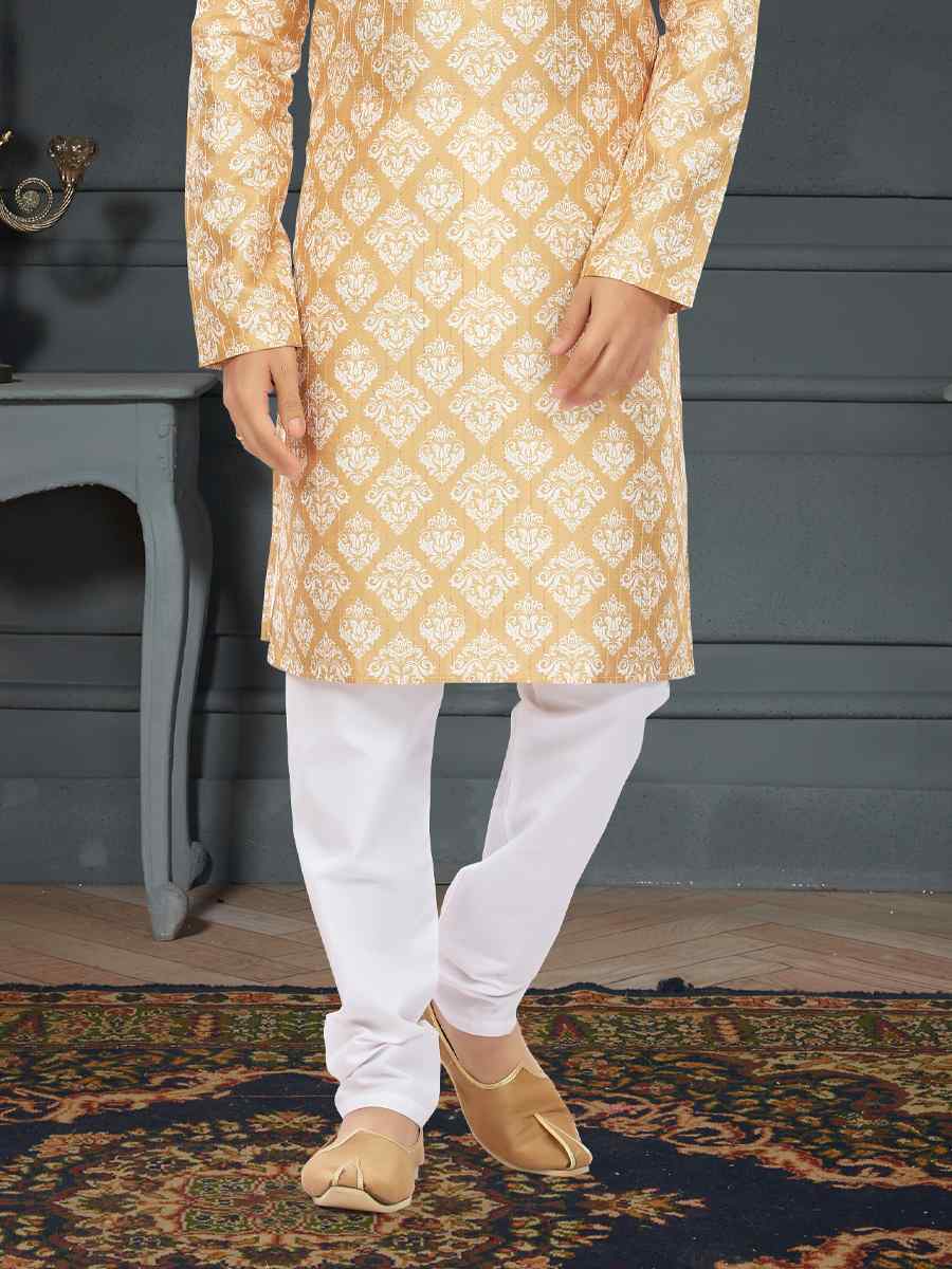 Gold Orange Silk Printed Festival Party Kurta