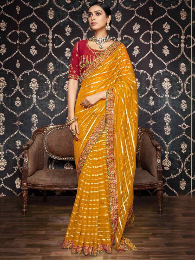 Gold Organza Embroidered Party Festival Classic Style Saree