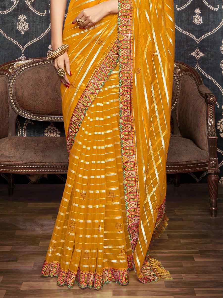 Gold Organza Embroidered Party Festival Classic Style Saree