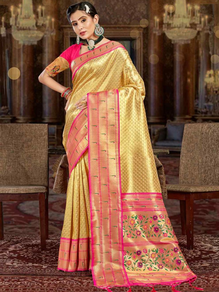 Gold Paithani Silk Handwoven Wedding Festival Heavy Border Saree