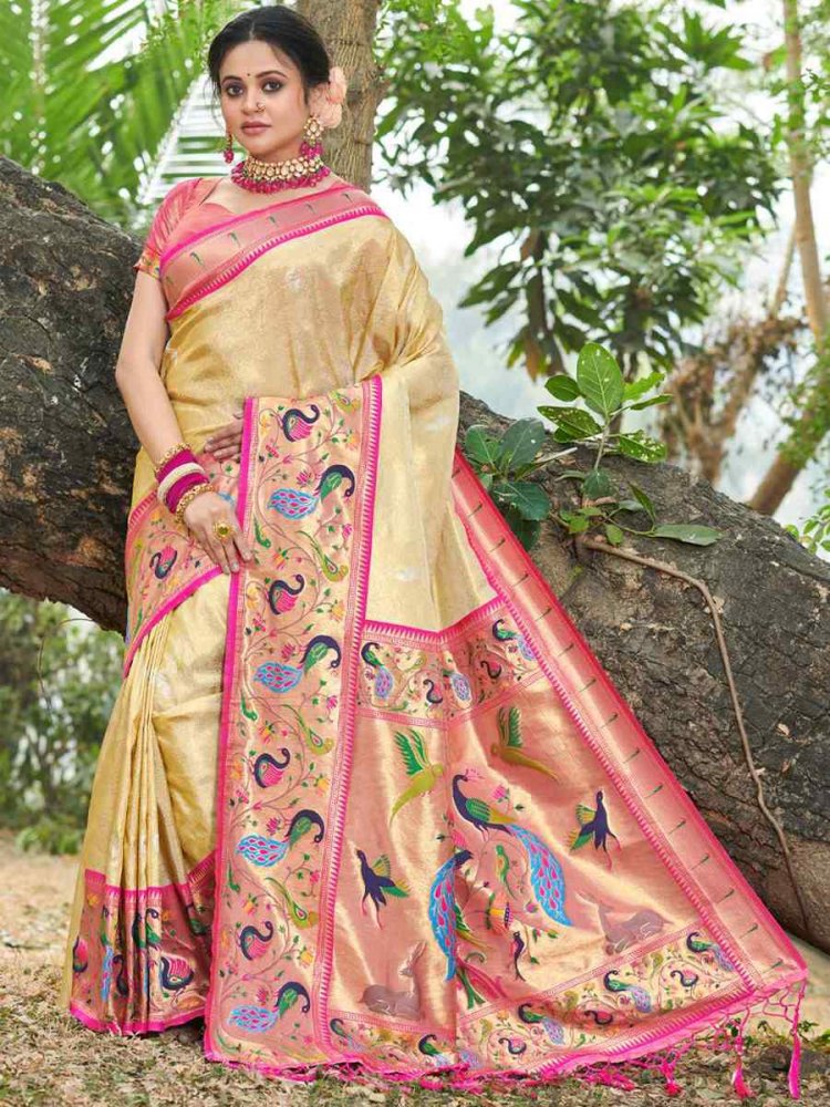 Gold Paithani Silk Handwoven Wedding Festival Heavy Border Saree