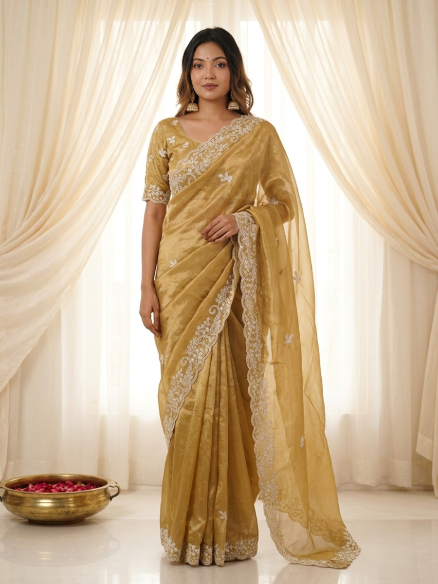 Gold Premium Fandy Satin Embroidery Wedding Party Festival Reception Casual Heavy Border Sarees