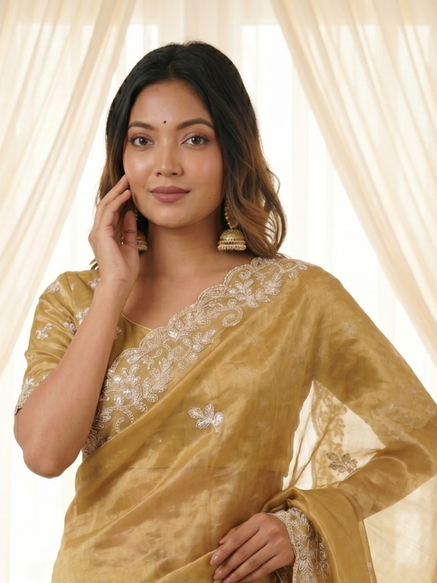 Gold Premium Fandy Satin Embroidery Wedding Party Festival Reception Casual Heavy Border Sarees