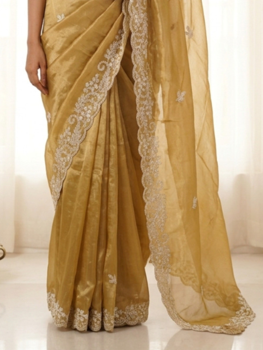 Gold Premium Fandy Satin Embroidery Wedding Party Festival Reception Casual Heavy Border Sarees
