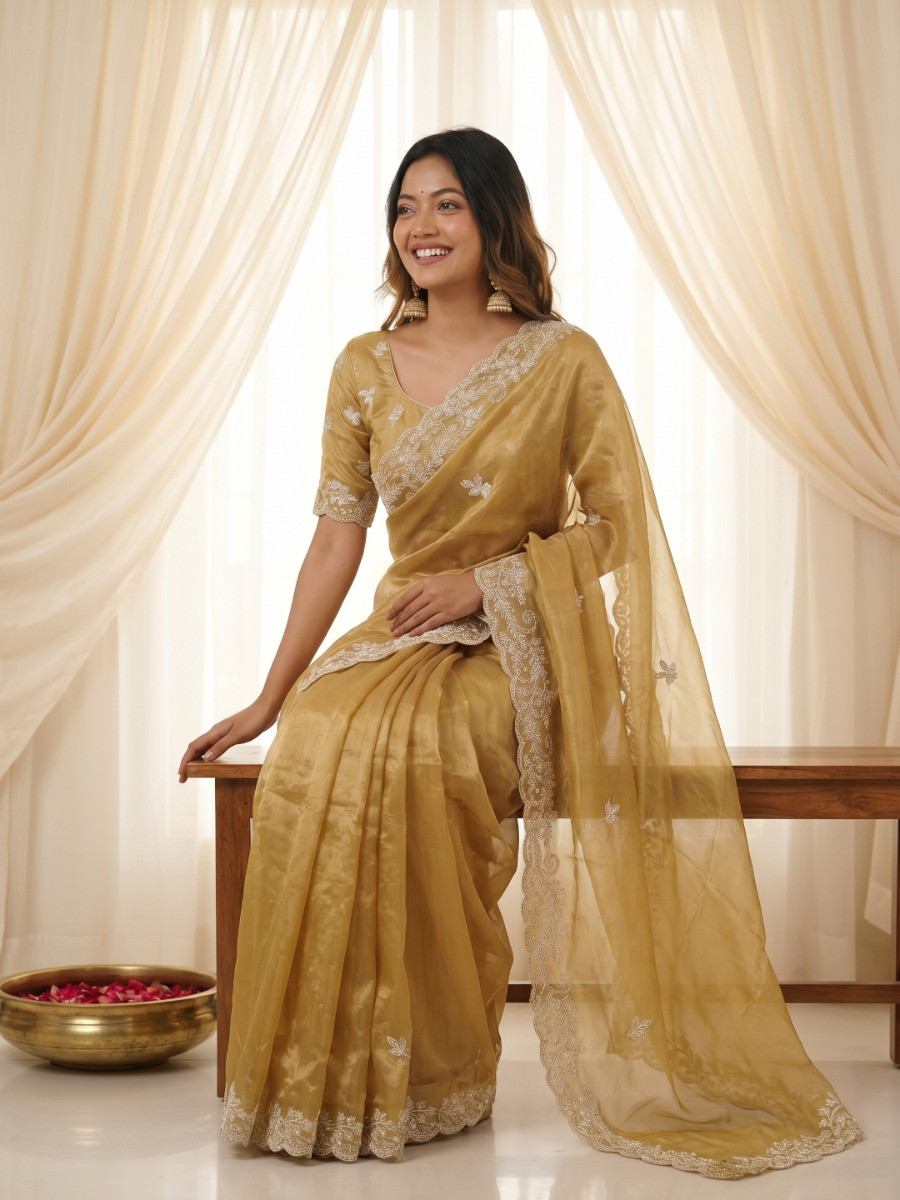 Gold Premium Fandy Satin Embroidery Wedding Party Festival Reception Casual Heavy Border Sarees