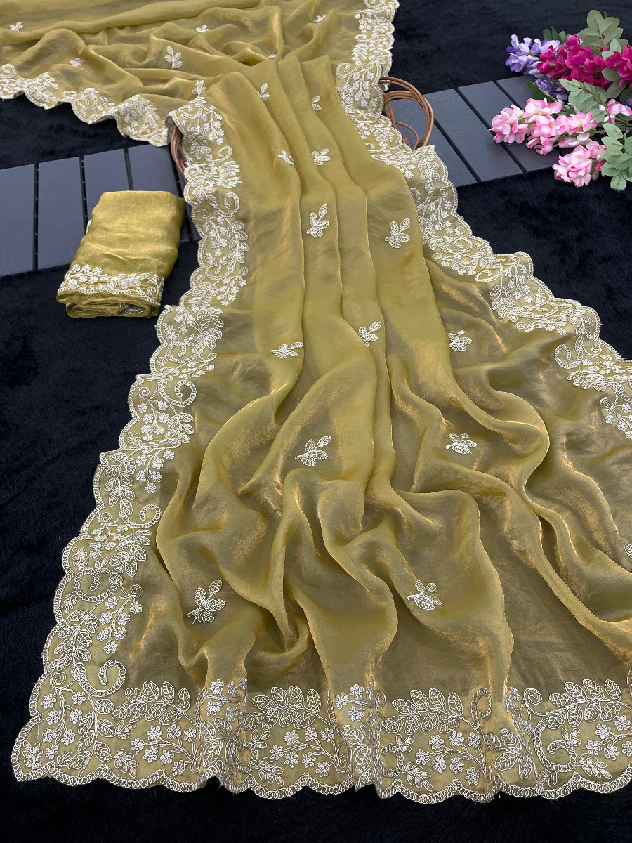 Gold Premium Fandy Satin Embroidery Wedding Party Festival Reception Casual Heavy Border Sarees