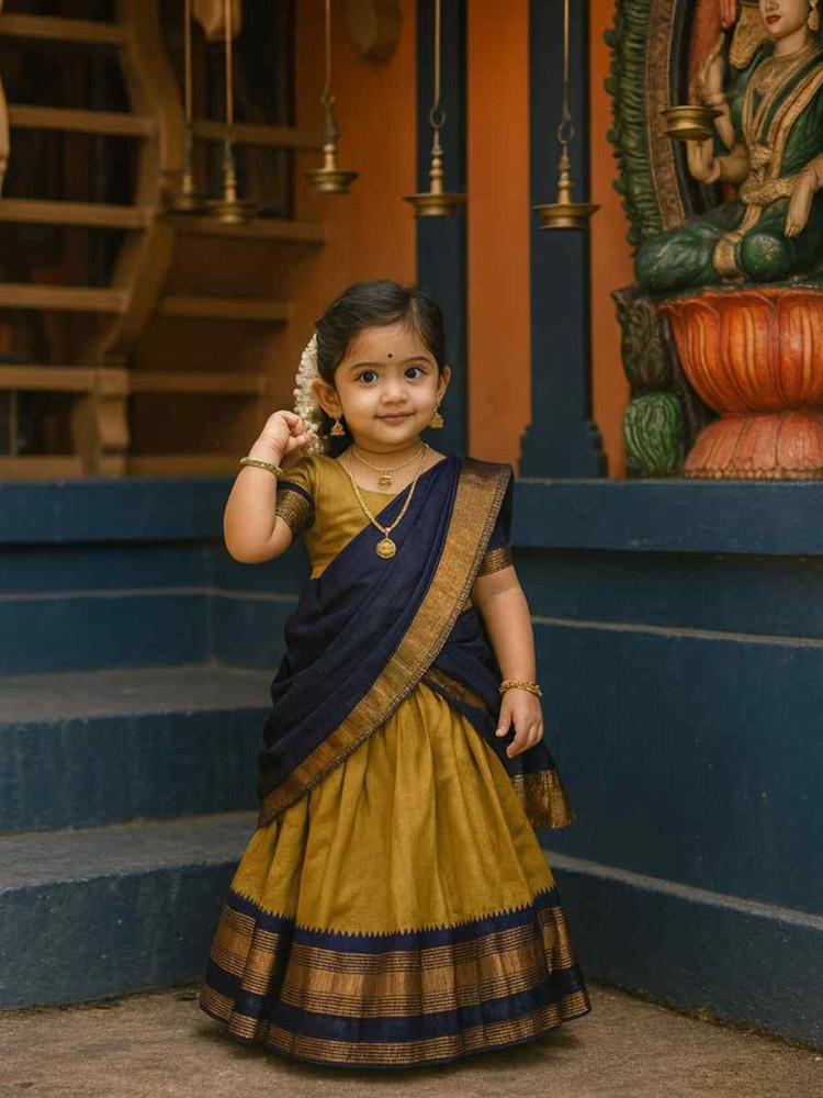 Image of Gold Premium Lichi Silk Brocade Kids Wear Wedding Festival Lehengas Girls Wear