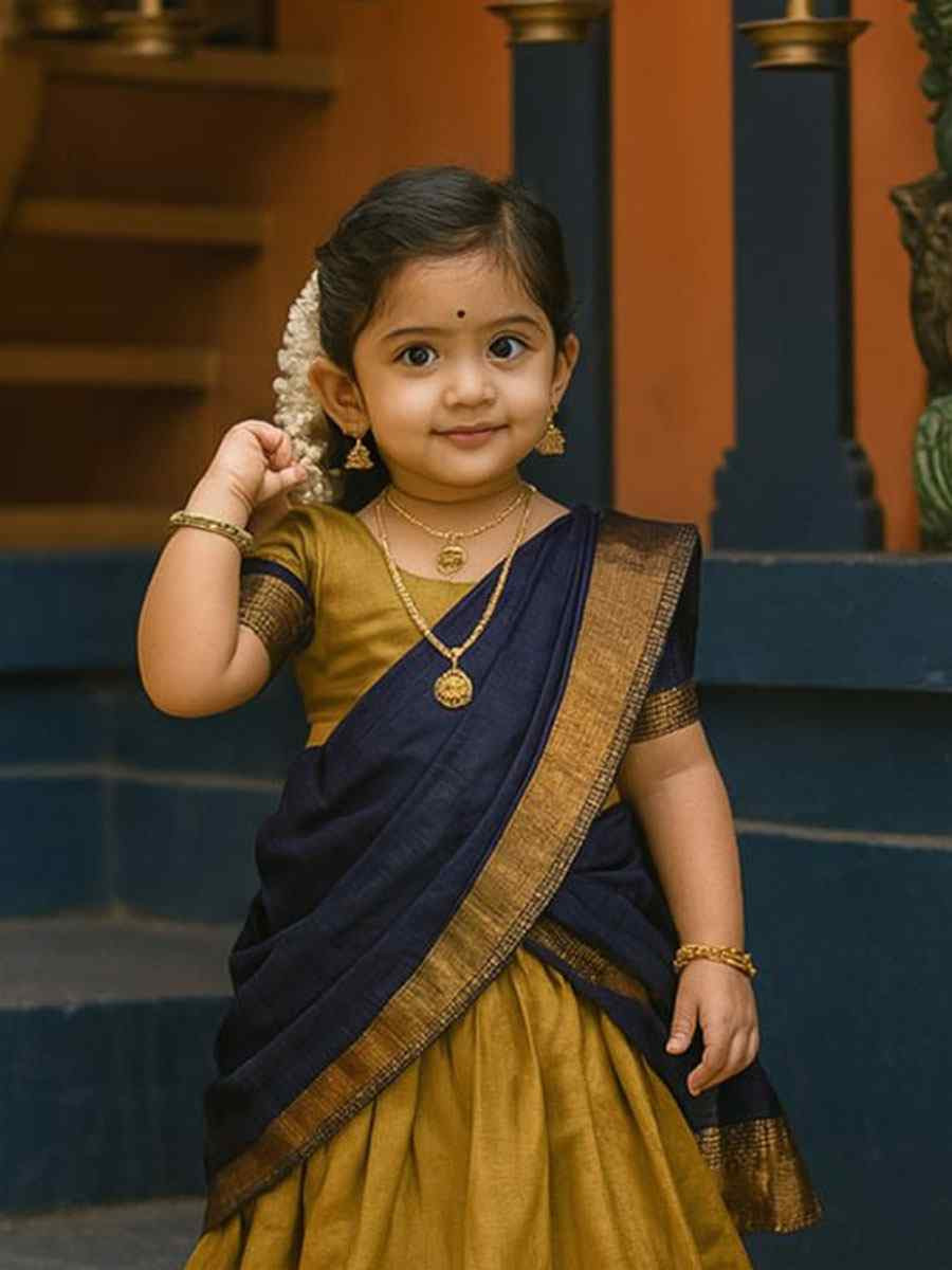 Gold Premium Lichi Silk Brocade Kids Wear Wedding Festival Lehengas Girls Wear