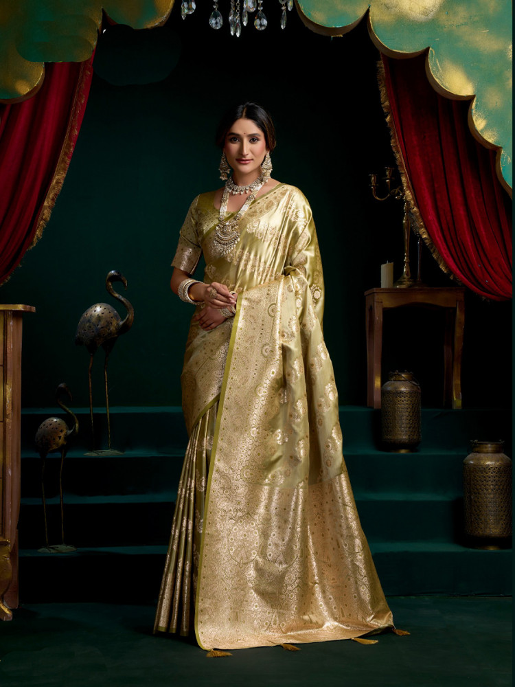 Image of Gold Premium Satin Silk Brocade Zari Traditional Wedding Party Festival Heavy Border Sarees