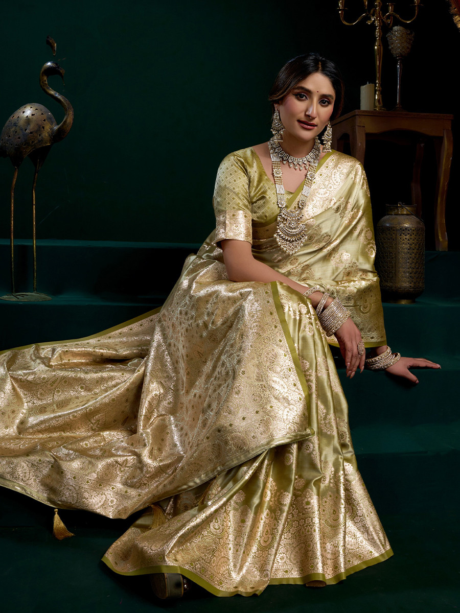 Gold Premium Satin Silk Brocade Zari Traditional Wedding Party Festival Heavy Border Sarees