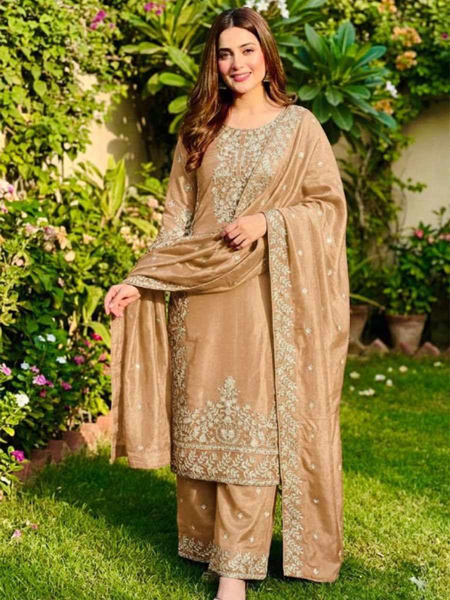 Gold Pure Gmy Silk Embroidery Sequins Party Wedding Festival Casual Ready Palazzo Pant Salwar Kameez