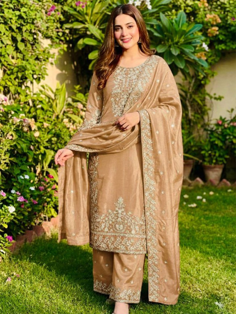 Image of Gold Pure Gmy Silk Embroidery Sequins Party Wedding Festival Casual Ready Palazzo Pant Salwar Kameez