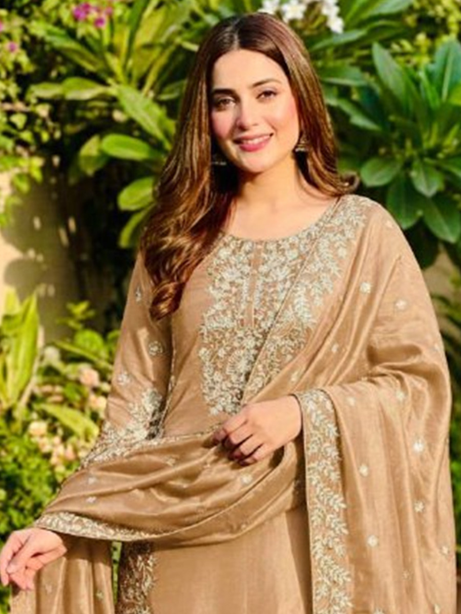 Gold Pure Gmy Silk Embroidery Sequins Party Wedding Festival Casual Ready Palazzo Pant Salwar Kameez