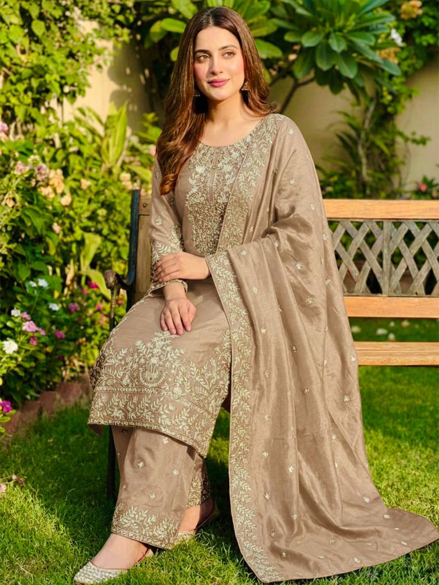 Gold Pure Gmy Silk Embroidery Sequins Party Wedding Festival Casual Ready Palazzo Pant Salwar Kameez