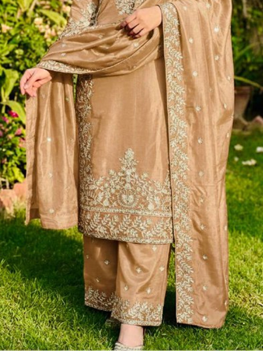 Gold Pure Gmy Silk Embroidery Sequins Party Wedding Festival Casual Ready Palazzo Pant Salwar Kameez