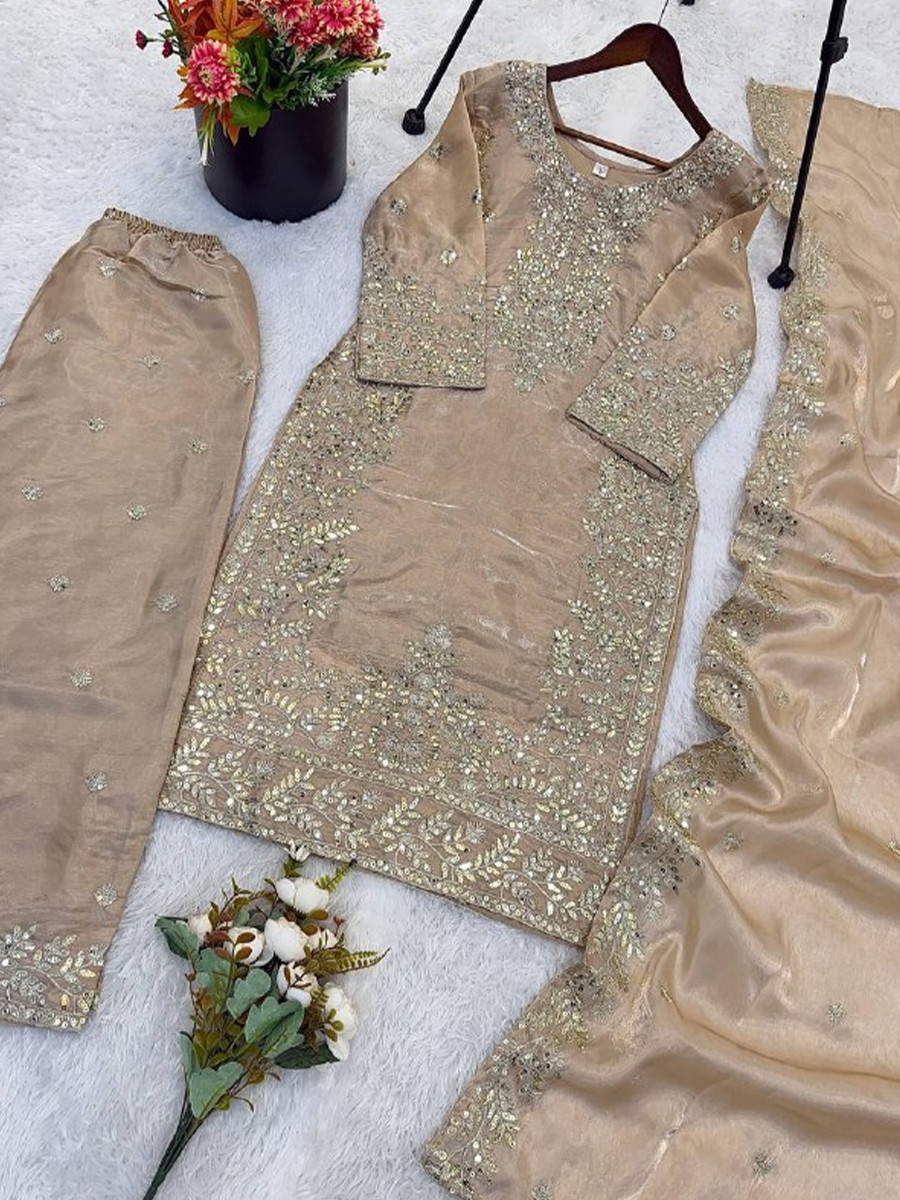Gold Pure Gmy Silk Embroidery Sequins Party Wedding Festival Casual Ready Palazzo Pant Salwar Kameez