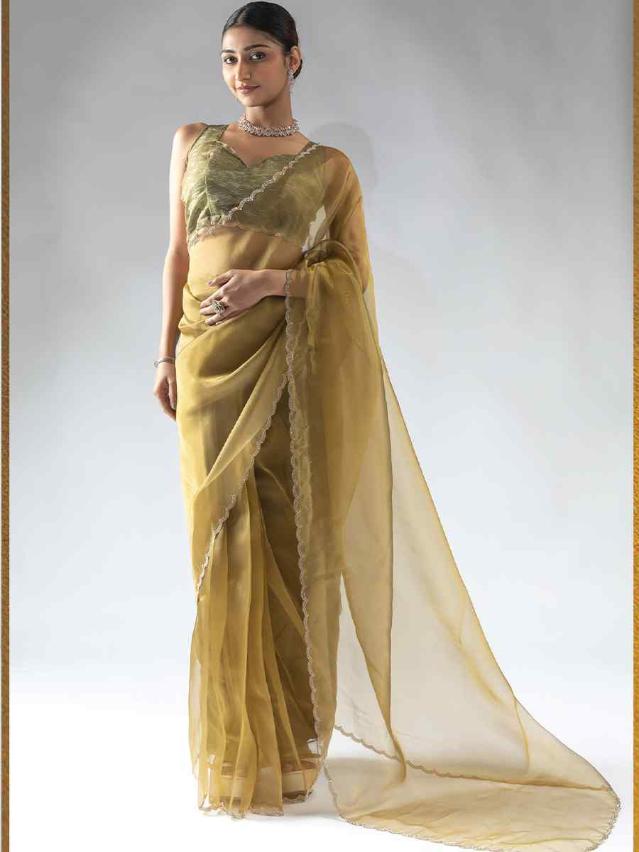 Gold Pure Organza Handwoven Festival Wedding Fancy Heavy Border Saree