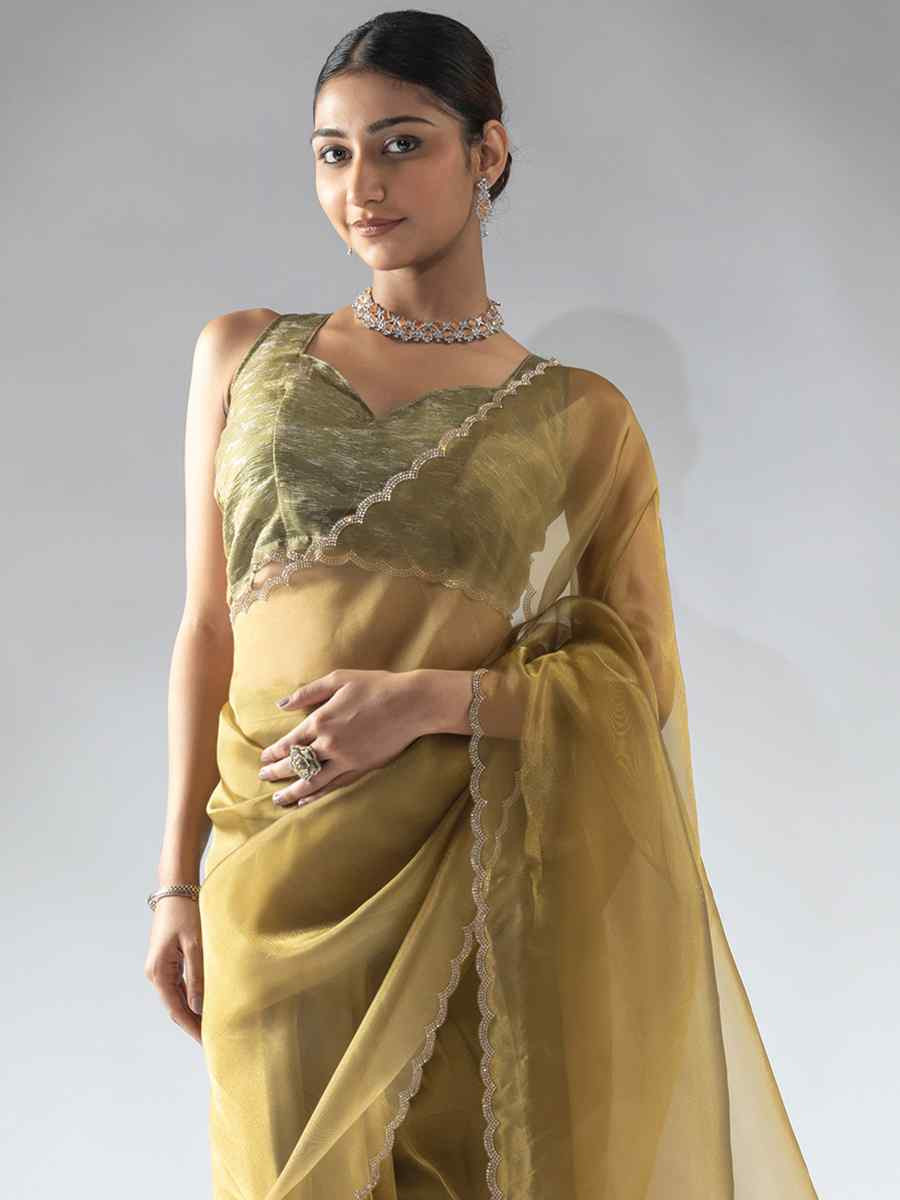 Gold Pure Organza Handwoven Festival Wedding Fancy Heavy Border Saree