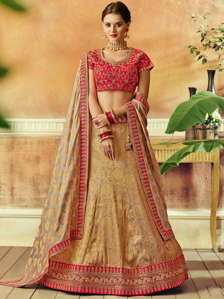 Gold Raw Silk Embroidered Festival Wedding Circular Lehenga Choli