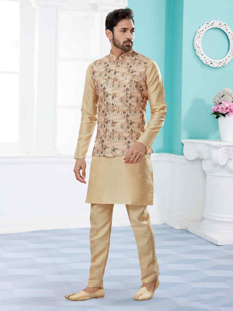 Gold Silk Dupion Printed Festival Party Kurta